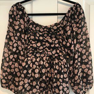 American Eagle Cropped Floral Blouse - Black/Pink